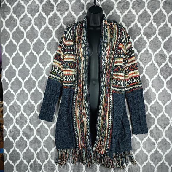 Adora Sweater Womens M/L Navy Multi Open Front Cardigan Fringe Boho Knit Aztec - Picture 1 of 7
